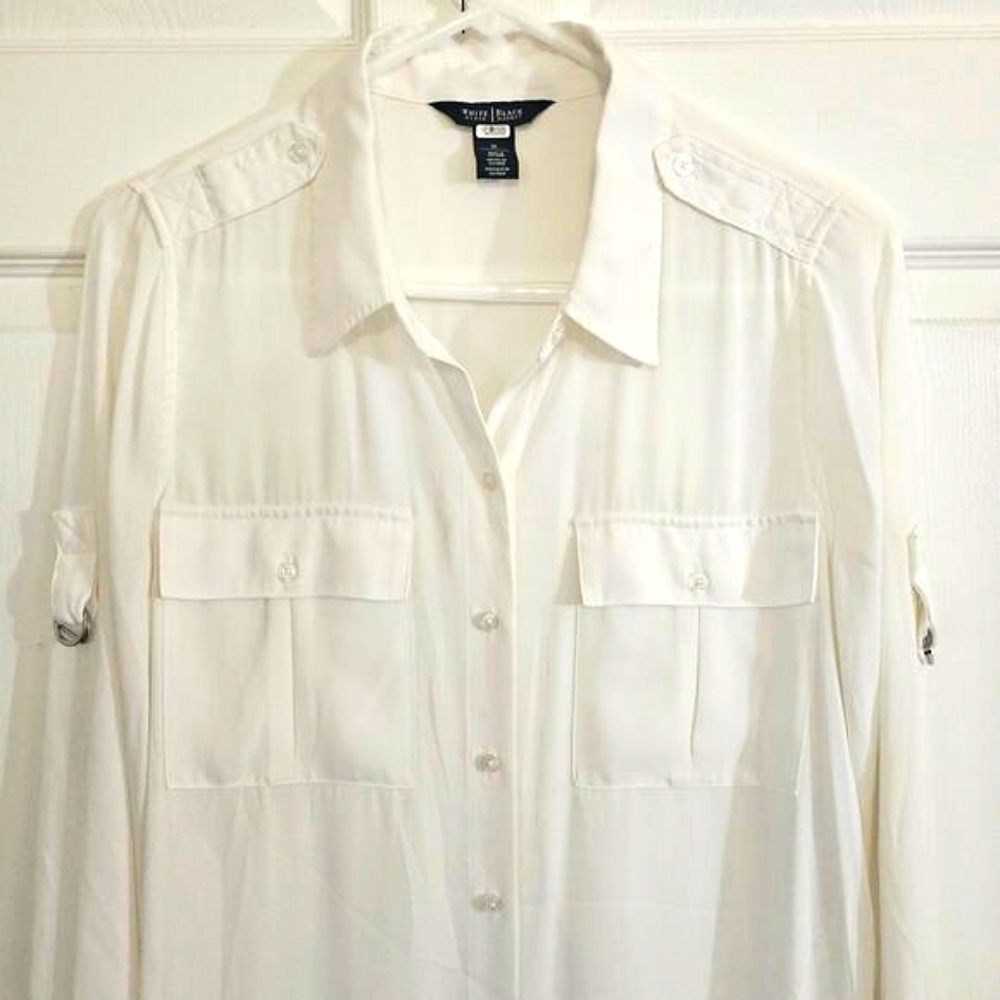 White House Black Market White High Low Tunic Blouse 10 Buttons Office Pockets - Picture 3 of 10
